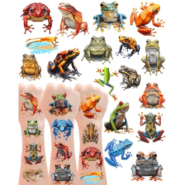 Frog Temporary Tattoos, 188 PCS 20 Sheets, Hypoallergenic, Hyper-Realistic Design, Frog Party Favors and Frog Themed Gifts, Leap Frogs Enthusiasts