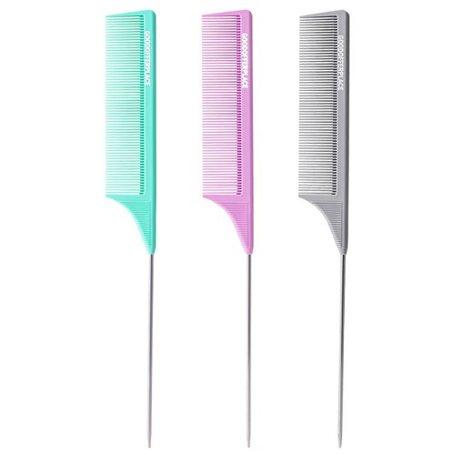 Goodofferplace Rat Tail Combs Teasing Comb Set with Fine Tooth Long Steel Pin Rat Tail Hair Combs for Women Styling Parting Carbon Fiber Heat Resistant Anti Static(Green Purple Grey)