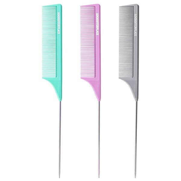 Goodofferplace Rat Tail Combs Teasing Comb Set with Fine Tooth Long Steel Pin Rat Tail Hair Combs for Women Styling Parting Carbon Fiber Heat Resistant Anti Static(Green Purple Grey)
