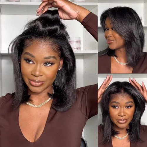 Sunber Yaki Straight Bob Bye Bye Knots 7x5 Lace Front Glueless Wear and Go Human Hair Wigs Pre Plucked Invisible Knots Pre Everything 3S Ready to Wear Short Yaki Bob Pre Cut Lace 150% Density 10Inch