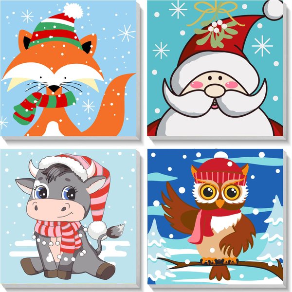 Yijingtop 4 Pack Christmas Paint by Number for Kids Ages 4-8,Cute Animals Easy Acrylic Paint by Number for Kids On Canvas,Oil Painting Paint by Number Kits Present for Kids(Framed)