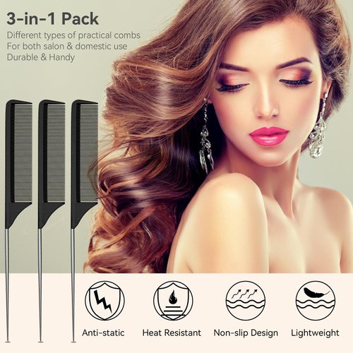 3PCS Hair Rat Tail Combs Set, Parting Rattail, Teasing Fine Tooth Comb, Metal Hair Pick Detangling, Heat Resistant Carbon Fiber Teasing Comb, and Stainless Steel Pintail(Black)