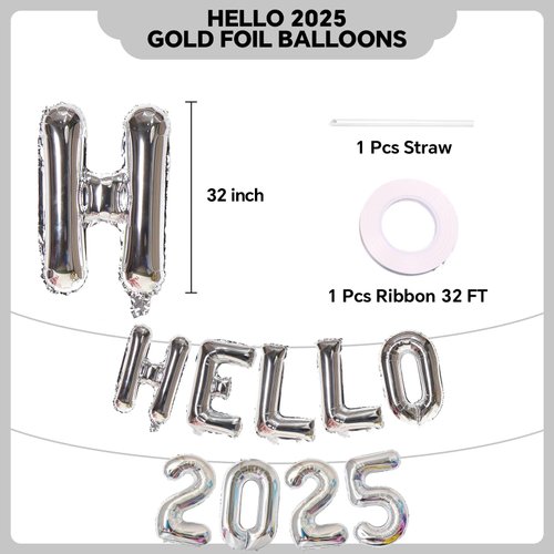 32 Inch Giant Silver Hello 2025 Number Balloon, 2025 New Years Decorations for 2025 Happy New Year Eve Christmas and Graduations Party Supplies