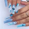 BABALAL Coffin Press on Nails Long Fake Nails Glossy Blue Glue on Nails Butterfly Ballerina Acrylic Nails 24Pcs Rhinestones Manicure Thanksgiving Stick on Nails for Women and Girls