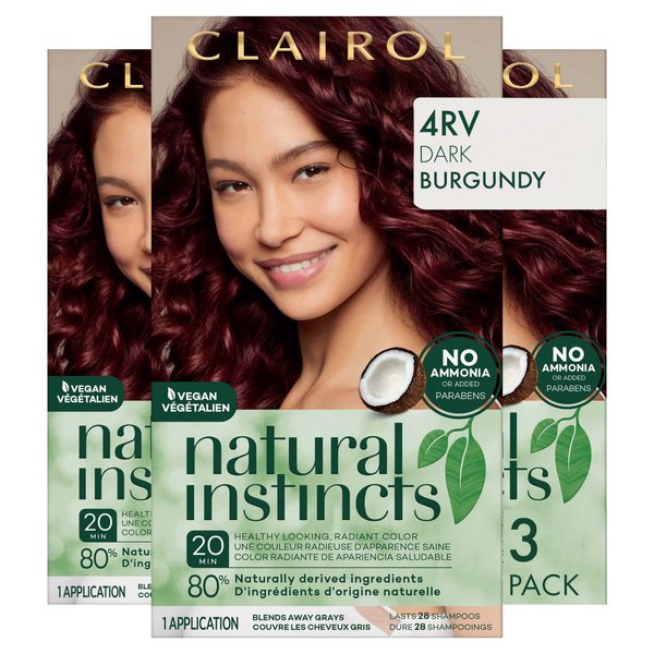 Clairol Natural Instincts Demi-Permanent Hair Dye, 4RV Dark Burgundy Hair Color, Pack of 3