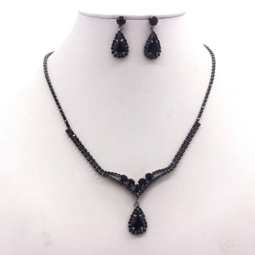 Weddingtopia Crystal Black Wedding Tiara And Matching Rhinestone Wedding Necklace Set Rhinestone Bridal Tiara Crown with side combs Wedding Hairband Comb Pin (BLACK BLACK)