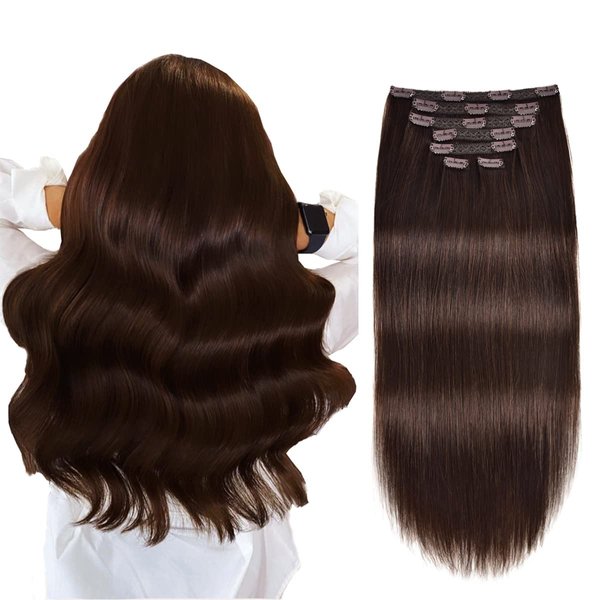 Clip In Human Hair Extensions,70g 7pcs Double Weft Silky Straight Dark Brown Real Human Hair Clip Ins 14inch 100% Human Hair Clip In Extensions