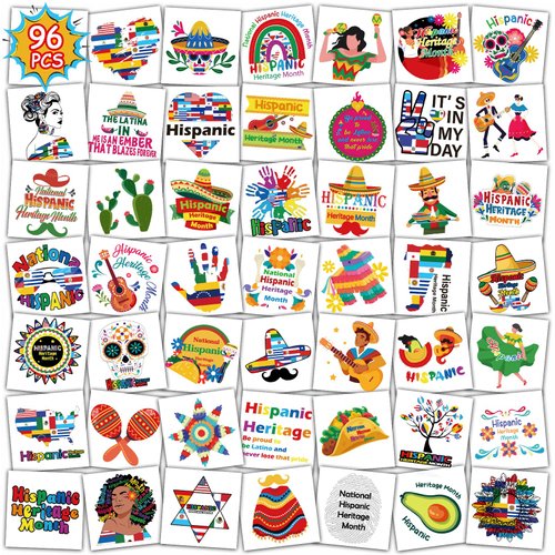 Konsait 96Pcs Hispanic Heritage Month Temporary Tattoos, Pre-Cut Hispanic Heritage Month Decorations Tattoos Stickers Party Supplies, Spanish Latino Heritage Month Party Decorations