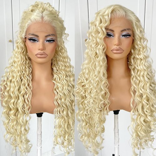 MITIMES 13x6 Curly Wig 613 Glueless HD Lace Front Wigs Pre Plucked Blonde Synthetic Lace Front Wig Long Curly Deep Wave Wig For Cosplay Party