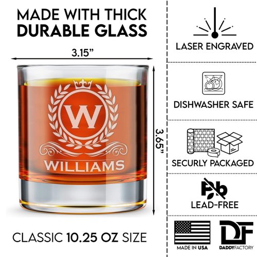 DADDY FACTORY Personalized Whiskey Glass, Engraved Monogram Rocks Cocktail Glass, 10.25 oz Custom Bourbon Gift For Men