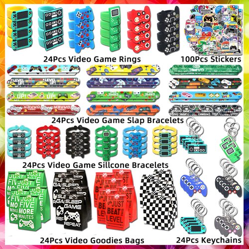 24 sets of Video Game Party Favors, 220 Pcs Gamer party Favors - Gaming Birthday Goodie Bags Included Gift Bags, Game Keychain, Slap Bracelet, Stickers, Game Ring, Hand Strap for Gaming Kids