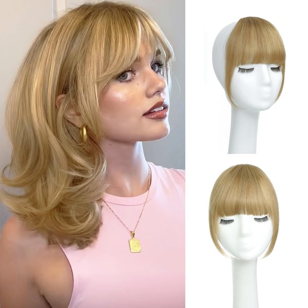 DinkyTims Clip in Bangs 100% Real Human Hair Bangs Hair Clip Thick Blonde Fake Bangs,Clip on Bangs for Women Faux Bangs Clip in Hairpieces with Hair Roller(Thick Bangs, Blonde)