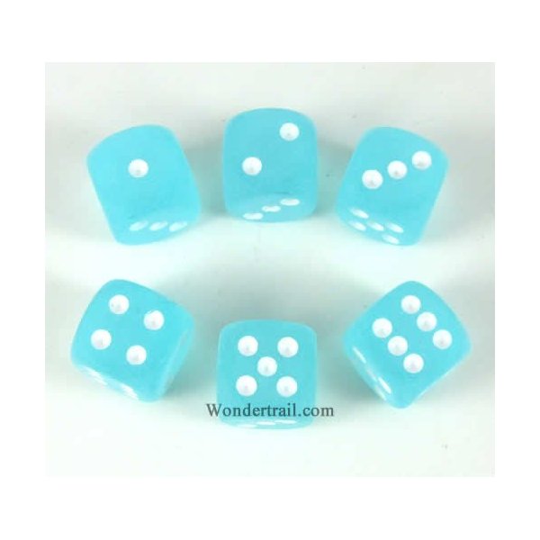 Teal Frosted with White Pips 16mm D6 Dice Set of 6 Wondertrail WCX27605E6