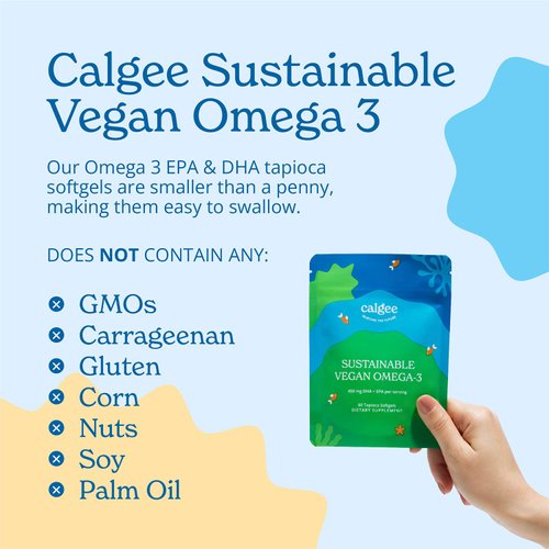 Calgee Vegan Omega-3: 450mg DHA & EPA - Plant-Based Algae Oil - Brain, Heart, & Joint Health. Carrageenan-Free Fish Oil Alternative. US-Grown Algae in Eco-Friendly Pouch (60 Ct)