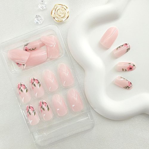 Light Pink Press on Nails Short Almond Fake Nails Vine Flowers Acrylic Nails Glossy Full Cover False Nails Cute Nails Short Oval & Spring Glue on Nails for Women 24 Pcs