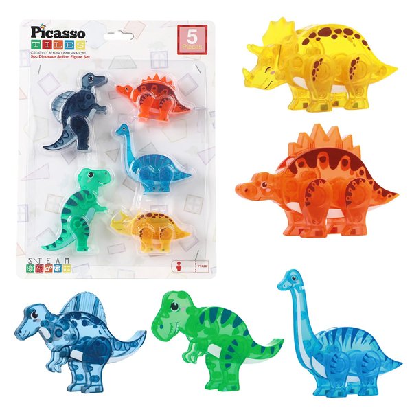 PicassoTiles Magnet Tile Dinosaur Action Figure Playset Mix or Match Compatible Prehistoric Parts STEM Magnetic Tiles for Creative Building Imaginative Educational Pretend Play Toddlers Ages 3+ PTA28