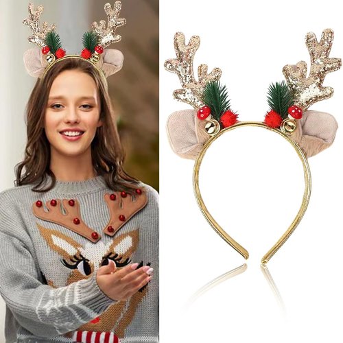 SARATA Christmas Headbands for Women Glitter Powder Bell Hair Hoop Elk Hair Band Reindeer Antlers Headband Women Girls Hair Access Headdress for Party 1PCS (Golden)