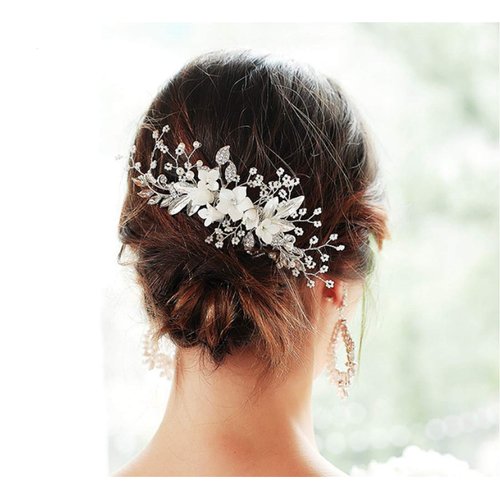 Cathercing Bridal Rhinestone Flower Veil Side Comb Hair Clips Headpiece Wedding Hair Accessories White Bride Hair Piece Styling Hairpins Headband for Wedding Evening Party