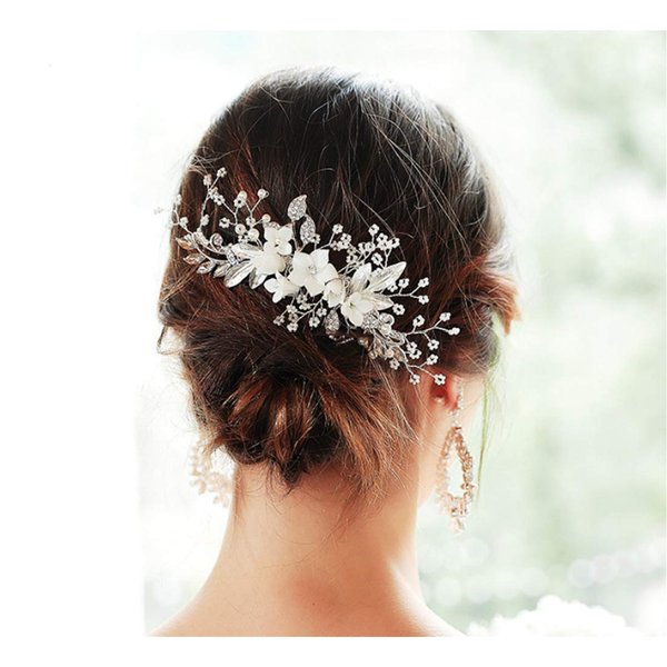 Cathercing Bridal Rhinestone Flower Veil Side Comb Hair Clips Headpiece Wedding Hair Accessories White Bride Hair Piece Styling Hairpins Headband for Wedding Evening Party