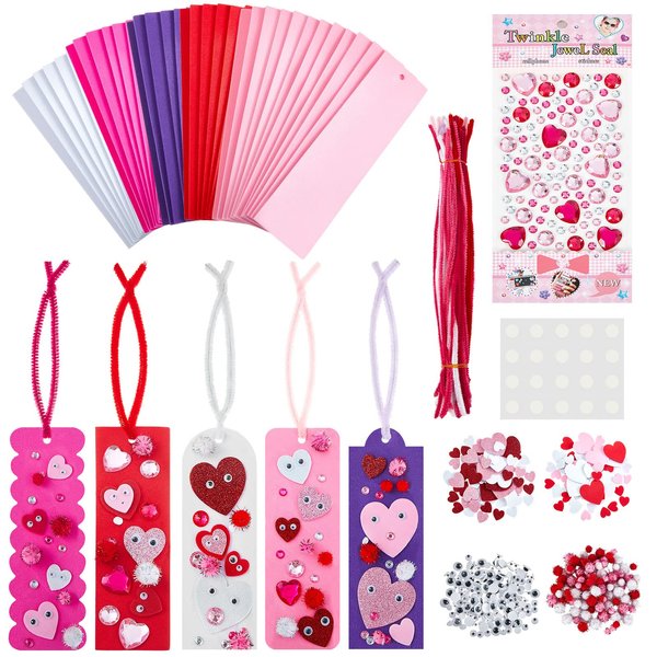 651 Pcs Valentine's Day Decoration DIY Foam Bookmarks Valentine Craft Kits with Assorted Hearts Stickers, Wiggle Eyes, Glitter Pom Poms, Pipe Cleaner for Kids Reading Classroom Activity Valentine Gift