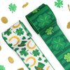 Threetols 2 Rolls 10 Yards St. Patrick's Day Wired Edge Ribbon, 2.5inch Green Shamrock Hat Burlap Ribbon, Horseshoe Lucky Clover Green Stripe Ribbon for Irish Holiday DIY Craft Wreath Bow Party Decor