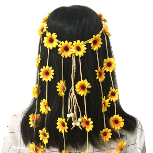 HONBAY Adjustable Bohemia Flower Headband Sunflower Hair Wreath Festival Hair Band Bridal Headpiece