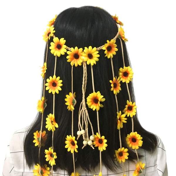 HONBAY Adjustable Bohemia Flower Headband Sunflower Hair Wreath Festival Hair Band Bridal Headpiece