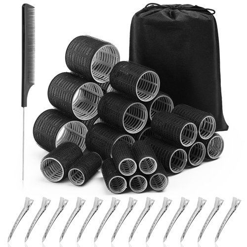 Acejoz Hair Rollers for Blowout Look, 38 Pcs Self Grip Hair Rollers Set with 4 Sizes, 12 Pcs Hair Clips, Comb and Storage Bag for Hair Volume (Black)