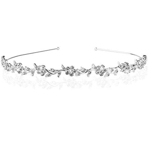 KDDOM Women's Crystal Flower and Leaves Crown Headband,Bridal Headpiece Wedding Headband (Silver)