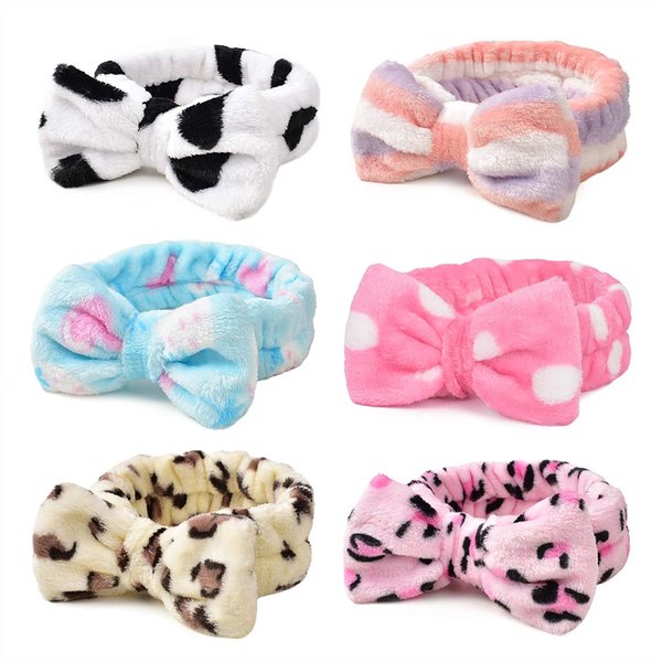 HUIANER Spa Headband with Bow, 6 Pack Hair Band Bowknot Coral Fleece Elastic for Women Washing Face Makeup Shower Party, Multiple Styles