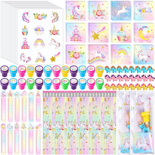 PerKoop 168 Pcs Unicorn Party Favors Unicorn Goodie Bags with Mini Unicorn Notebooks Pencils Stickers Stamps Unicorn Theme Birthday Party Supplies for Boys Girls School Prizes Gift Piñata Stuffers