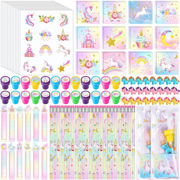 PerKoop 168 Pcs Unicorn Party Favors Unicorn Goodie Bags with Mini Unicorn Notebooks Pencils Stickers Stamps Unicorn Theme Birthday Party Supplies for Boys Girls School Prizes Gift Piñata Stuffers