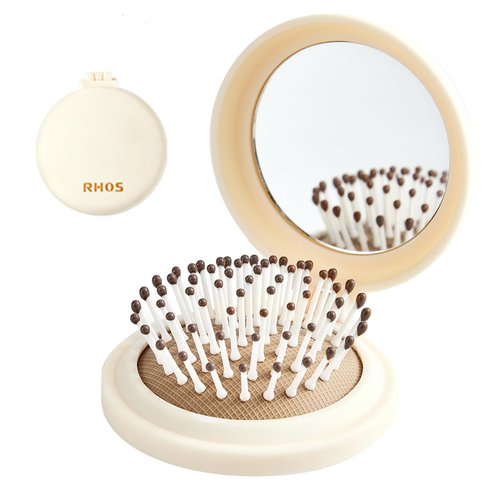RHOS Folding Brush with Mirror for Women,Men and Kids-Small Brush with Mirror for Purse,Small Pocket Hair Brush with Soft Nylon Bristles-Portable Hair Brush with Mirror for Travel(Beige)