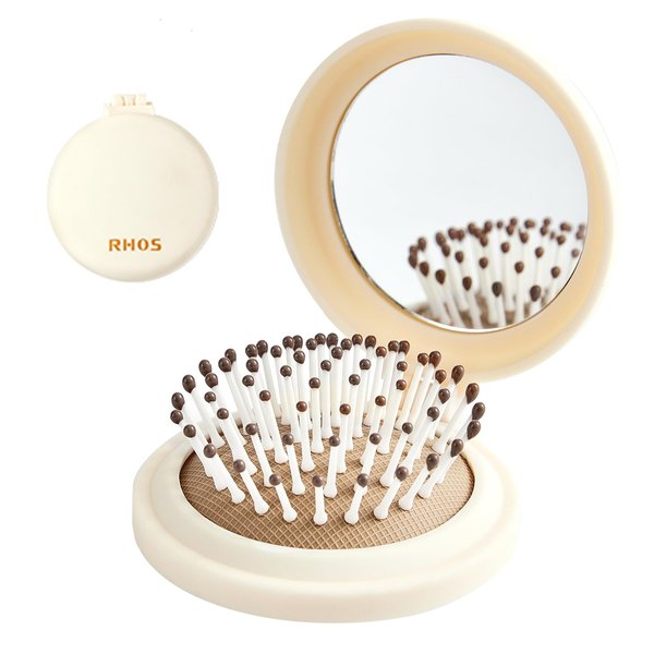 RHOS Folding Brush with Mirror for Women,Men and Kids-Small Brush with Mirror for Purse,Small Pocket Hair Brush with Soft Nylon Bristles-Portable Hair Brush with Mirror for Travel(Beige)