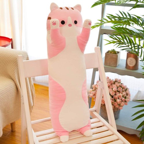 WUYU Lovely Plush Cat Doll Cute Cartoon Soft Stuffed Kitten Pillow Long Throw Sleeping Pillow Doll Toy Gift for Kids Girlfriend Multiple Size (Pink,50cm/19.6in)