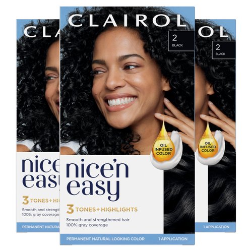 Clairol Nice'n Easy Permanent Hair Dye, 2 Black Hair Color, Pack of 3