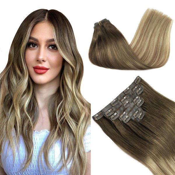 GOO GOO 150g 7pcs Seamless Clip in Hair Extensions Balayage Walnut Brown to Medium Brown and Bleach Blonde Hair Extensions 20 Inch Remy Thick Hair Extensions PU Clip in Hair Extensions for Women