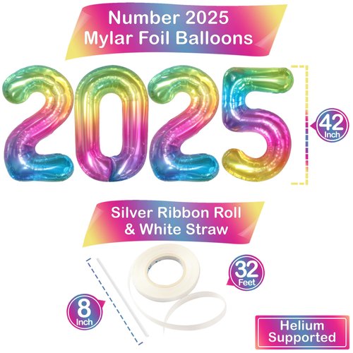 KatchOn, Giant Rainbow 2025 Balloons Numbers - 42 Inch, New Years Balloons | 2025 Neon Balloons for Neon New Years Eve Party Supplies 2025 | Foil 2025 Rainbow Balloon, Happy New Years Decorations 2025