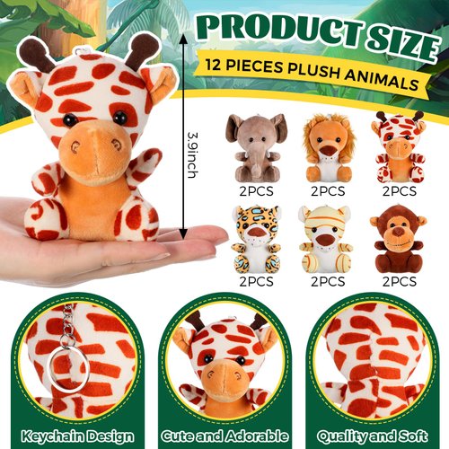 Ctosree 12 Sets Jungle Safari Party Favors Jungle Party Decorations, Mini Jungle Stuffed Animals Safari Animals Keychain Animal Theme Drawstring Backpacks for Goodie Bag Fillers Zoo Party Supplies