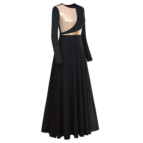 IDOPIP Praise Dance Dresses for Women Gold Metallic Liturgical Lyrical Dancewear Long Sleeves Dance Dress Loose Fit Full Length Robe Ruffle Tunic Skirt Worship Team Dresses Costume Black + Gold M