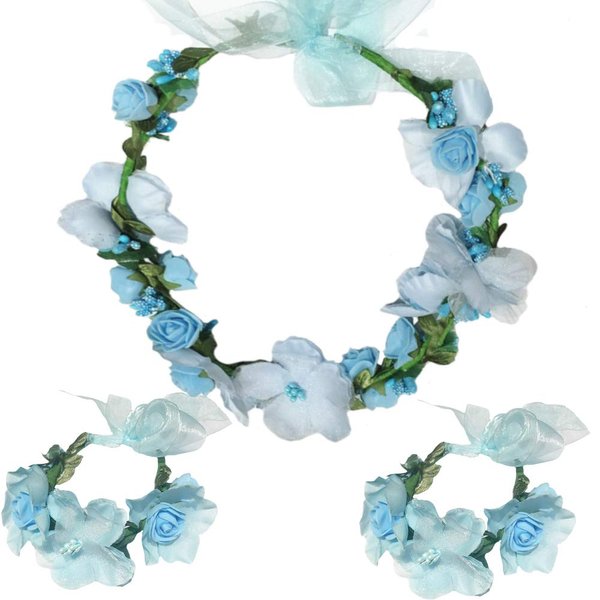 Flower Crown Headband Wristbands Rose Wreath Garland Hair Bands Wrist Bands Floral Wedding Bridal Hair Hoop Bracelet Women Leaf Ribbon Adjustable Handmade Rattan Vine Hair Accessories 3 Pack Blue