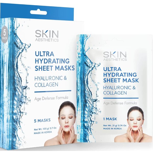 Skin Aesthetics Hyaluronic & Collagen Sheet Face Mask - Skin Firming & Anti-Aging, Moisturizes & Plumps Skin, Ultra Hydrating Sheet Mask - Cruelty Free Korean Skin Care For All Skin Types - 5 Masks