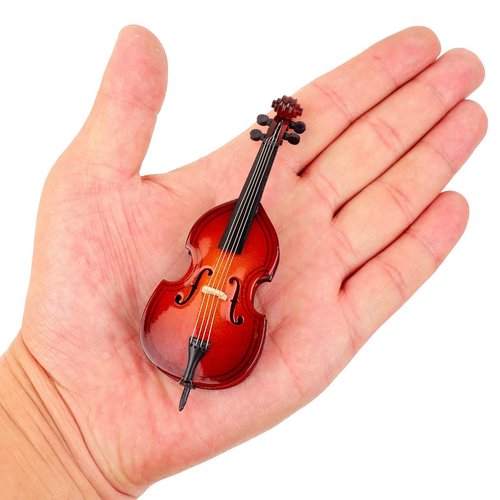 Dselvgvu Wooden Miniature Double Bass with Stand,Bow and Case Mini Contrabass Replica Mini Musical Instrument Collectible Miniature Dollhouse Model Home Decoration (3.94"x1.51"x0.91")