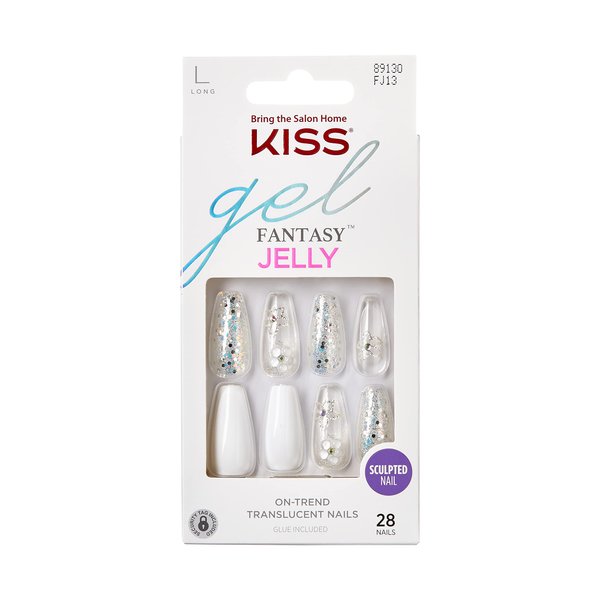 KISS Gel Fantasy Press On Nails, Nail glue included, 'Sweet Jelly', White, Long Size, Coffin Shape, Includes 28 Nails, 2g glue, 1 Manicure Stick, 1 Mini File