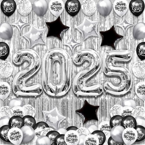 New Years Eve Party Supplies 2025 Silver, 86 Pcs Happy New Year Decorations 2025 Silver, New Years Eve Decorations Black And Silver, New Years Decorations 2025