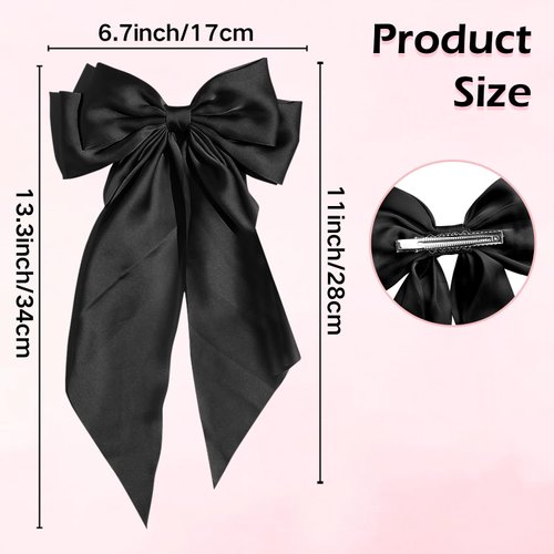 Gute 6 PCS Hair Bows for Women,Satin Big Hair Bow Clips,French Long Tail Hair Bows for Girls Hair Accessories for Birthday,Dress Up,Christmas(Black,White,Pink,Green,Navy,Wine Red)