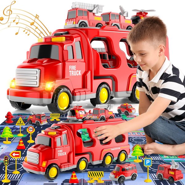 Bennol Toddler Toys for 1 2 3 4 5 6 Years Old Boys, 7 in 1 Fire Car Trucks Playset with Play Mat & Accesoories, Birthday Gifts for Toddlers Kids Boys Girls Age 1-3 3-5