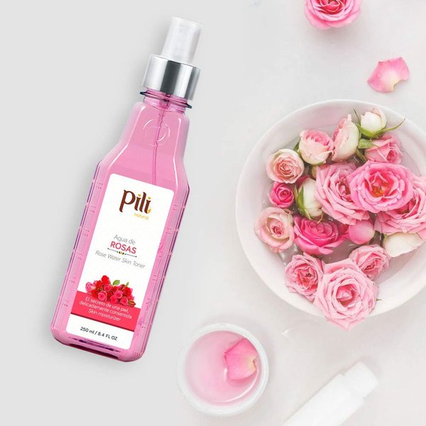 Pili Rose water, facial toner for sensitive skin. Refreshes, tones and moisturizes with the softness of the natural extract of roses and glycerin. 8.4 oz