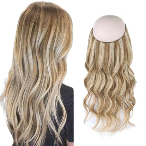 Sassina Invisible Wire Hair Extensions Real Human Hair with Transparent Wire Adjustable Size Secure Clips Natural Straight Secret Miracle Hairpiece, Highlight P8-60 14 Inch 70 Gram