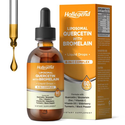 Liposomal Quercetin with Bromelain Liquid Drops, 8 in 1 Organic Quercetin 1000mg Supplements with Bromelain 500mg, Vitamin C, D3, Zinc, Elderberry, Turmeric for Immunity & Respiratory Health, 2 Fl Oz